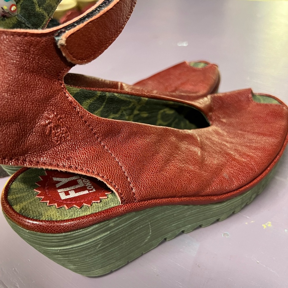 Fly London Women's Burgundy Peep Toe Wedges